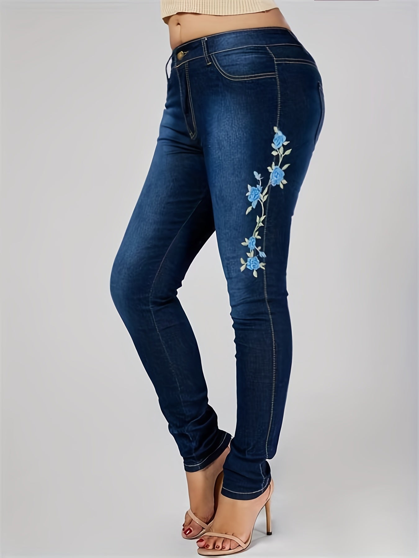 Floral Embroidery Skinny Jeans High Rise Denim Pants Women's Clothing