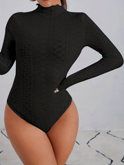 Eyelet Mock Neck Bodysuit Long Sleeve Slim Fit Casual Bodysuit