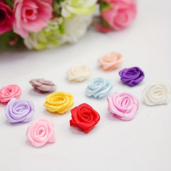 50pcs Mini 15mm Ribbon Rose Flowers DIY Embellishments Artificial Fabric Flower