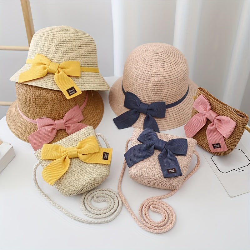 Children's Sun Hat and Bag Set - Straw Hat, Coin Purse, Beach Hat, Messenger Bag