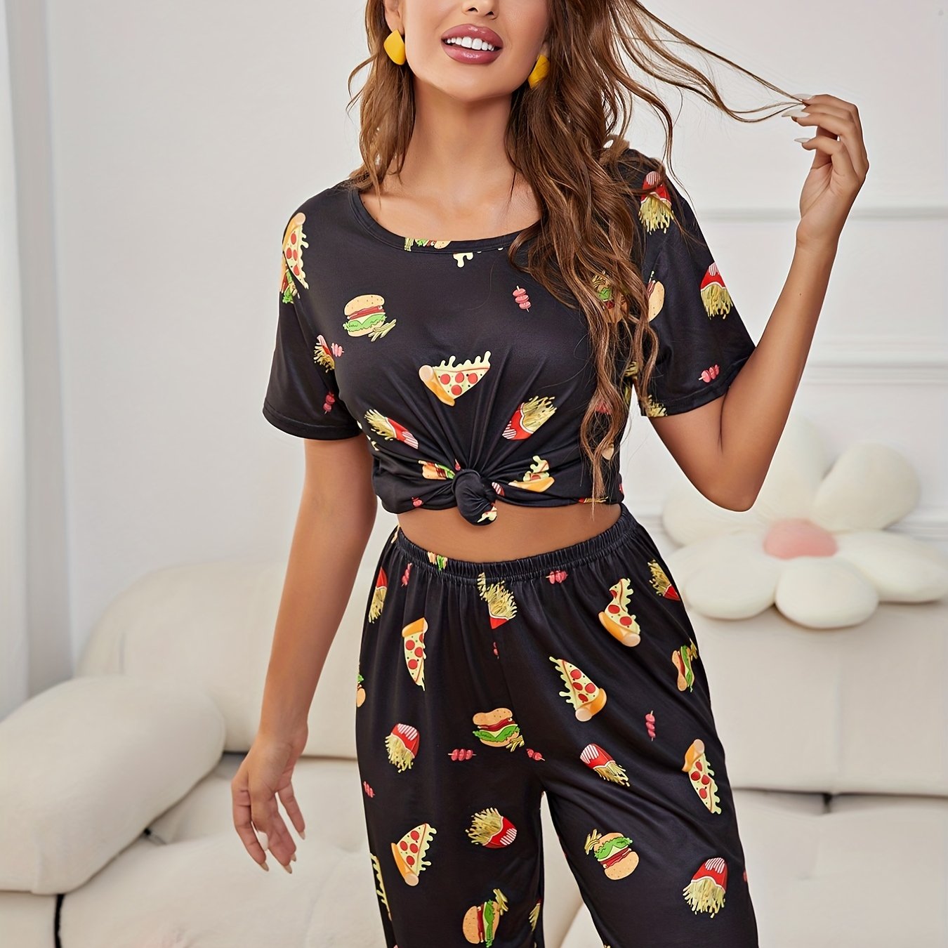 Cartoon Food Pajama Set Short Sleeve Top & Pants