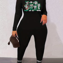 Cartoon Print Long Sleeve Tee & Solid Leggings Set