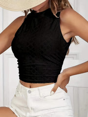 Eyelet Embroidery Ruched Tank Top Mock Neck Sexy Summer Women's Top