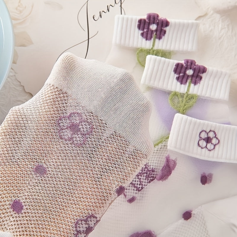 10 Pairs Baby Girls Small Flower Mesh Short Socks Lavender Purple