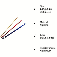 3pcs Afghan Tunisian Aluminum Crochet Hooks Knitting Needle With Eye
