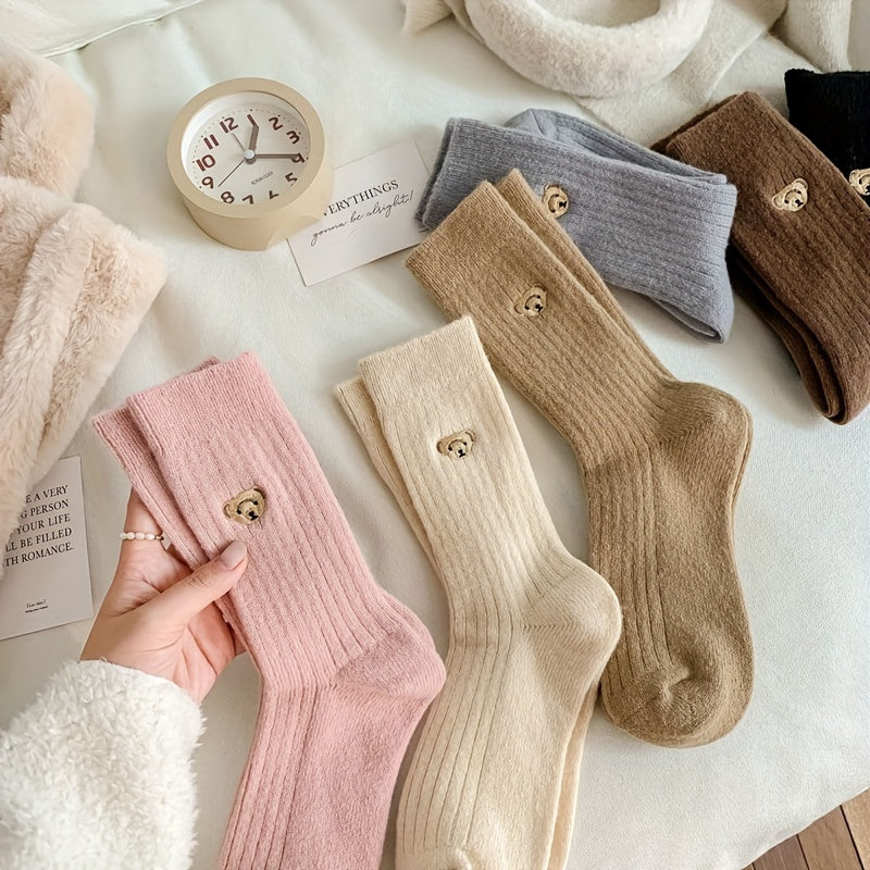 6 Pairs Bear Embroidery Socks Cute Crew Stockings