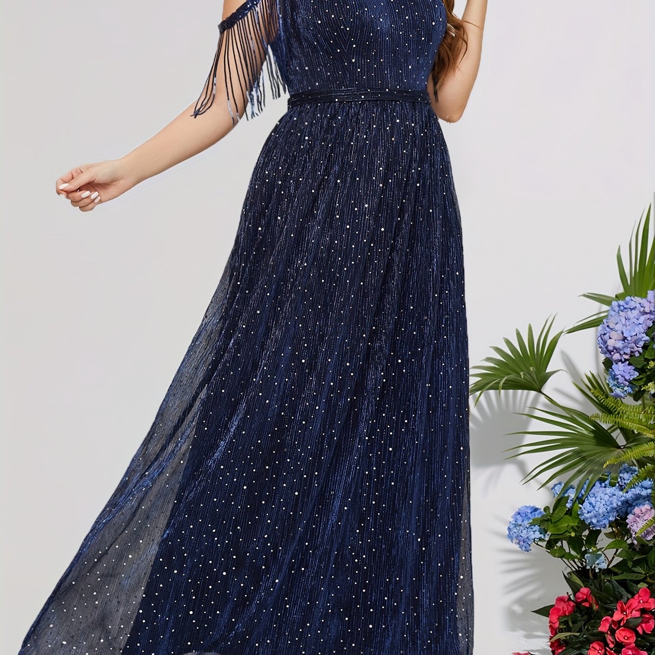 Sequin Fringe Trim V Neck Bridesmaid Dress