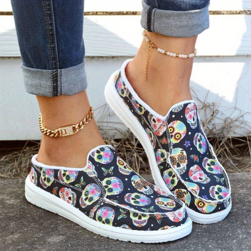 Skull Pattern Canvas Slip-On Shoes for Women Lightweight Halloween Shoes