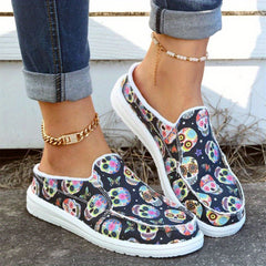 Skull Pattern Canvas Slip-On Shoes for Women Lightweight Halloween Shoes