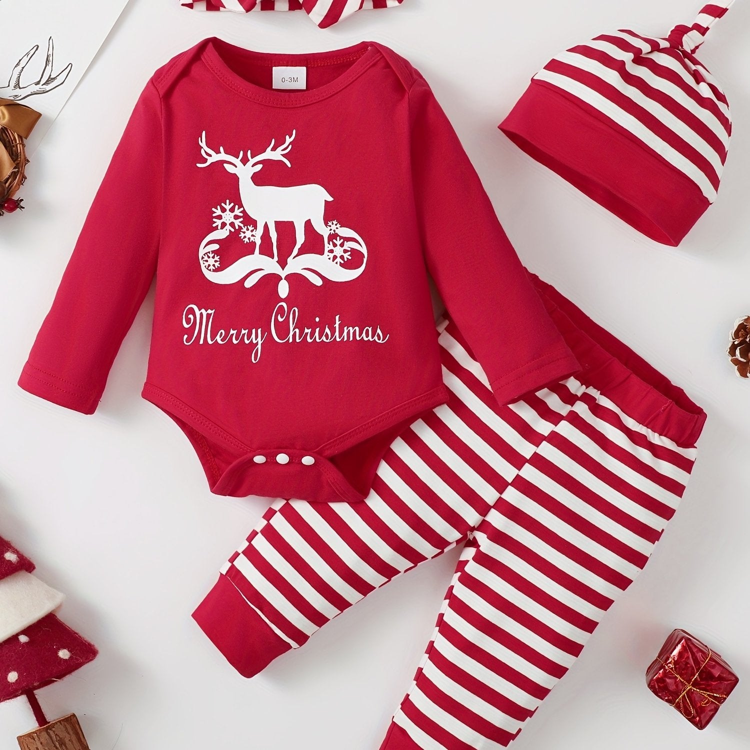 Newborn Infant Xmas Romper Striped Pants Set