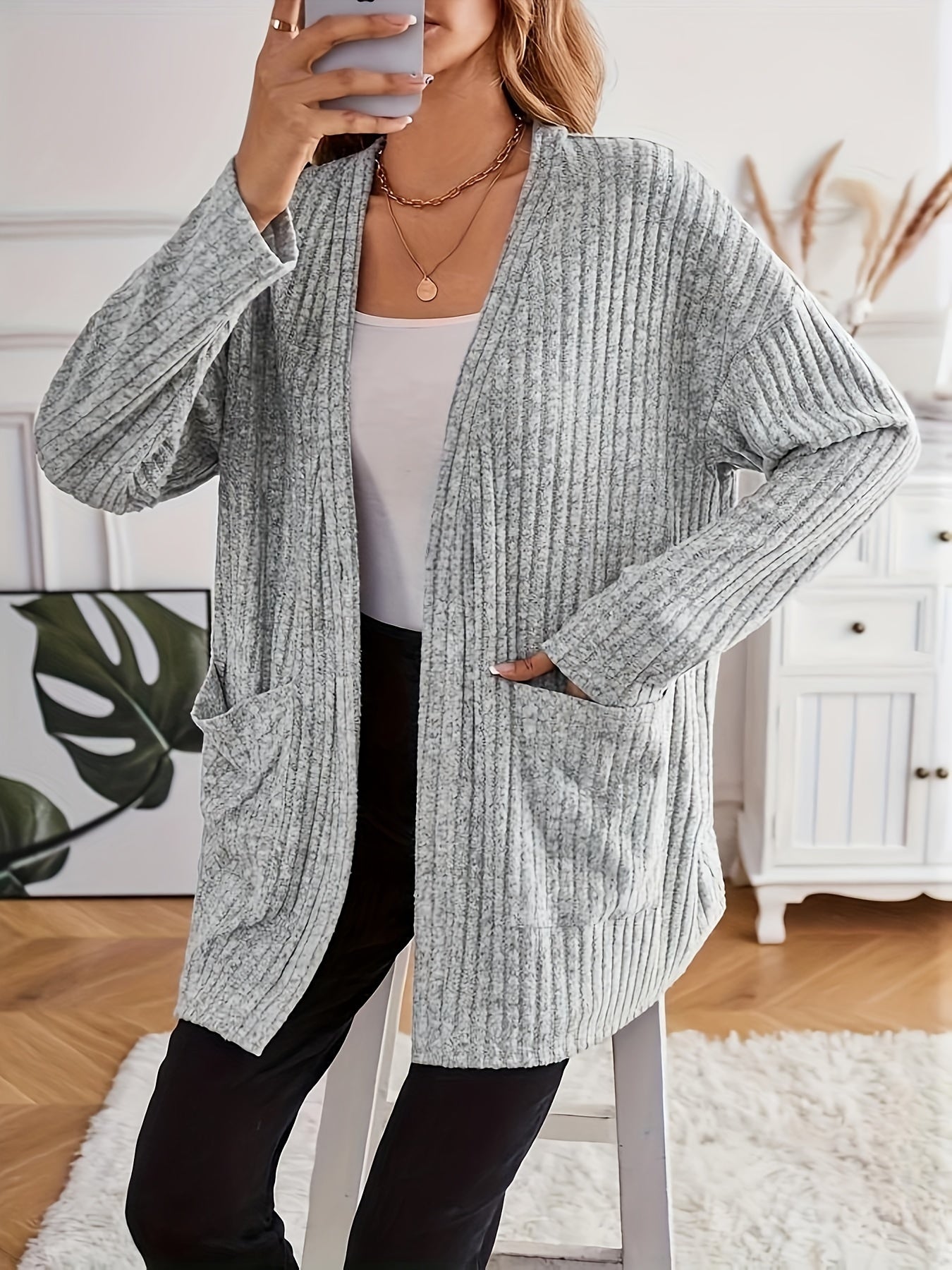 Solid Ribbed Long Sleeve Open Front Cardigan With Pockets