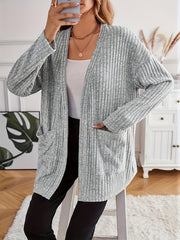 Solid Ribbed Long Sleeve Open Front Cardigan With Pockets