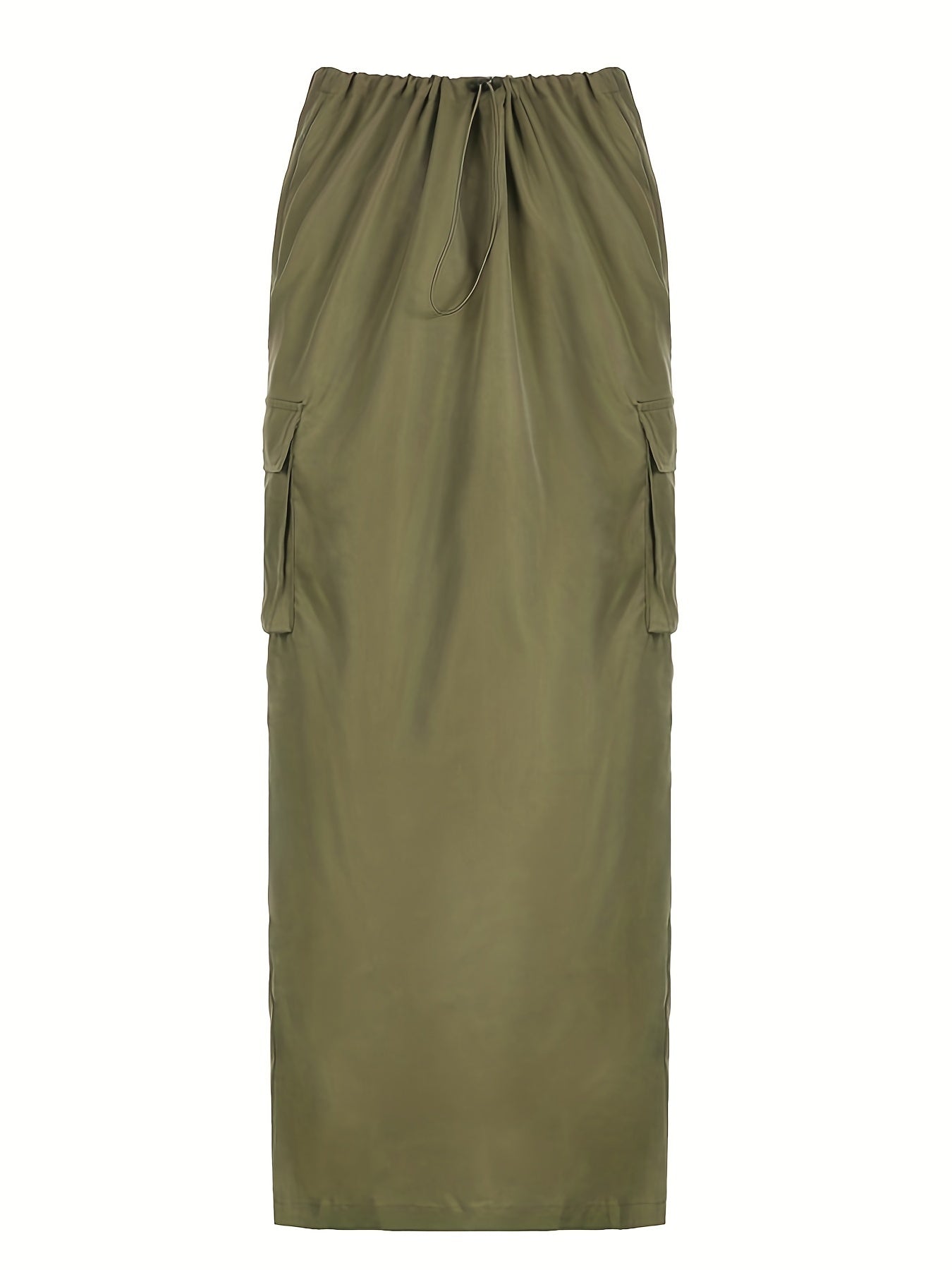 Solid Drawstring Flap Pockets Skirt, Casual Split Skirt