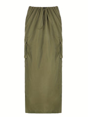 Solid Drawstring Flap Pockets Skirt, Casual Split Skirt