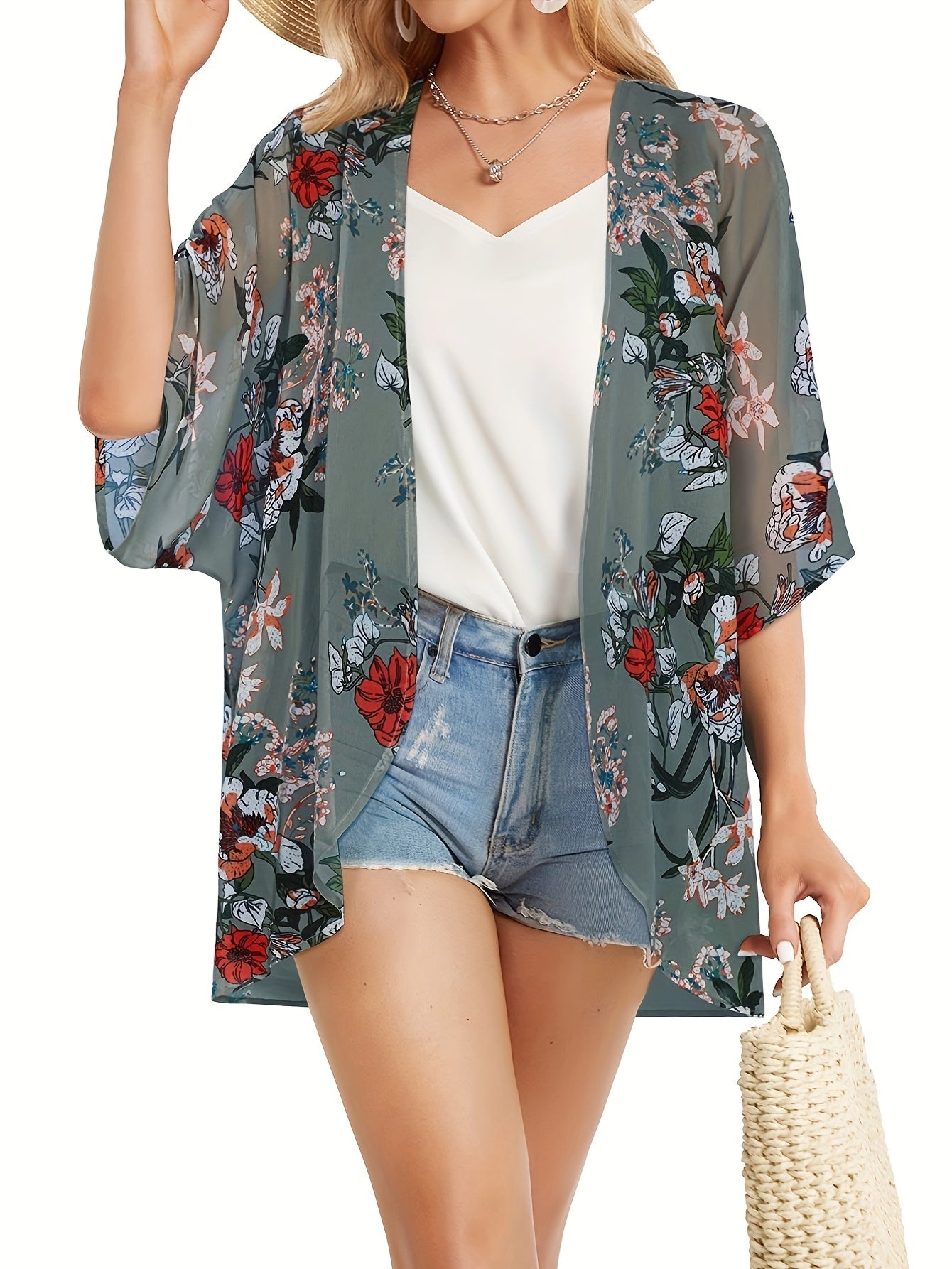 Floral Pattern Cover Up Shirt V Neck Semi Sheer Casual Beachwear Cardigan