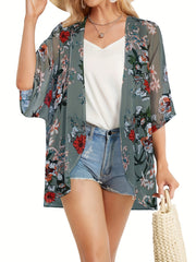 Floral Pattern Cover Up Shirt V Neck Semi Sheer Casual Beachwear Cardigan