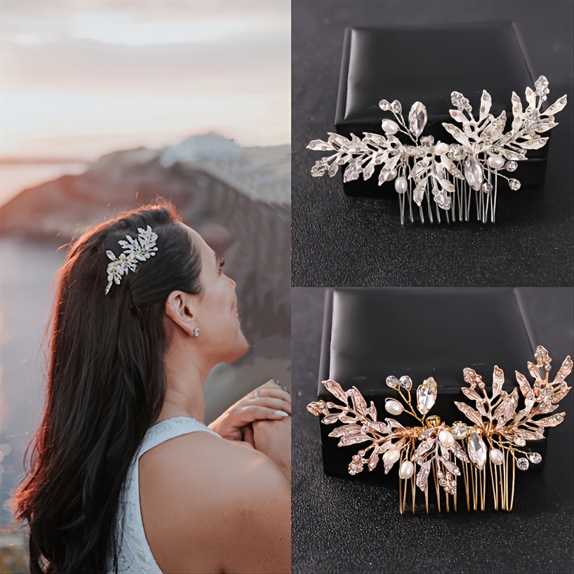 Rhinestone Bridal Hair Comb Clip Golden Hair Accessories For Brides
