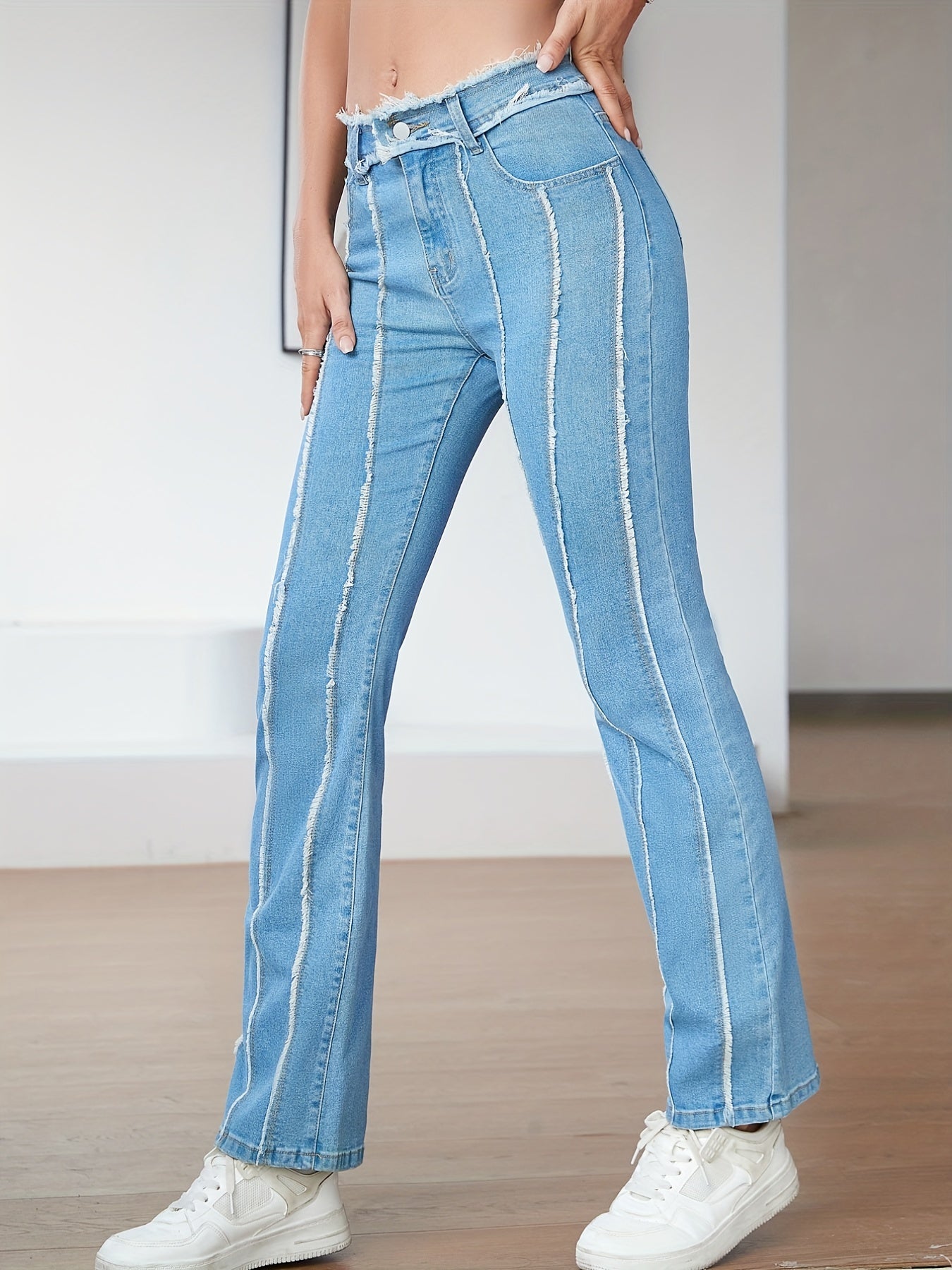 Stripes Pleat Bootcut Jeans High Rise Stretchy Bell Bottoms