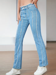 Stripes Pleat Bootcut Jeans High Rise Stretchy Bell Bottoms