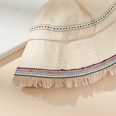 Boho Beige Cotton Bucket Hat Tassel Decor Basin Hat