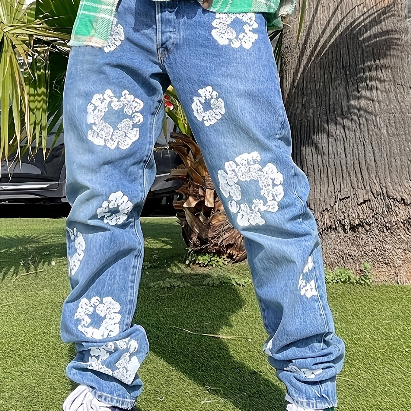 Men's Printed Denim Jeans Straight Leg Casual Street Style