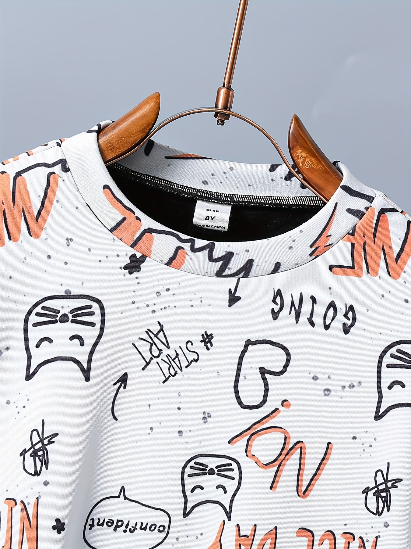 Letter And Cat Boys Full Print Sweatshirt Crew Neck Tops