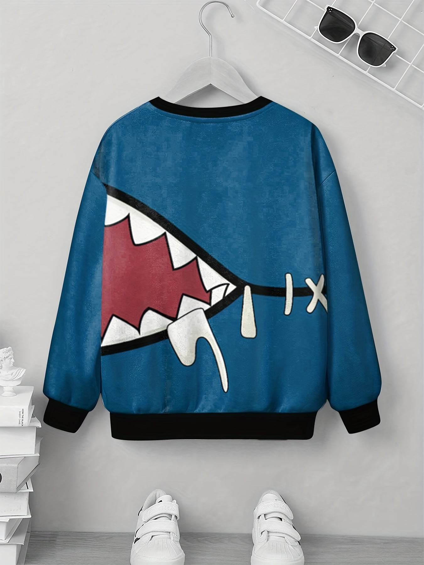 Teens 3D Shark Mouth Print Sweatshirt Casual Pullover Street Wear