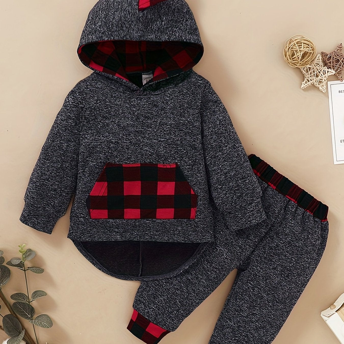 Toddler Boy's Plaid Hoodie & Sweatpants Set for Spring Fall