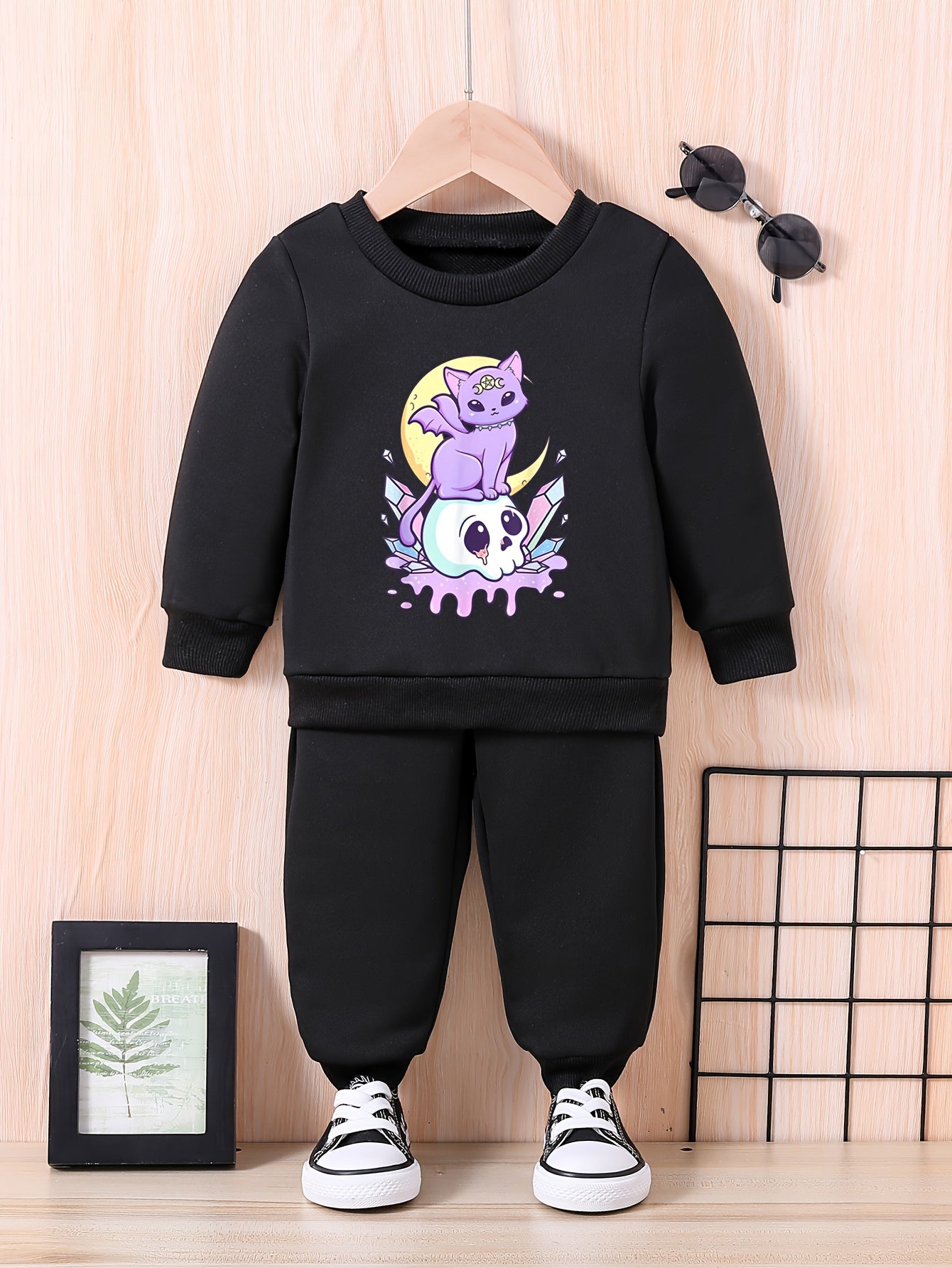 Baby Halloween Outfit Kitten & Moon Graphic Sweatshirt Pants Set