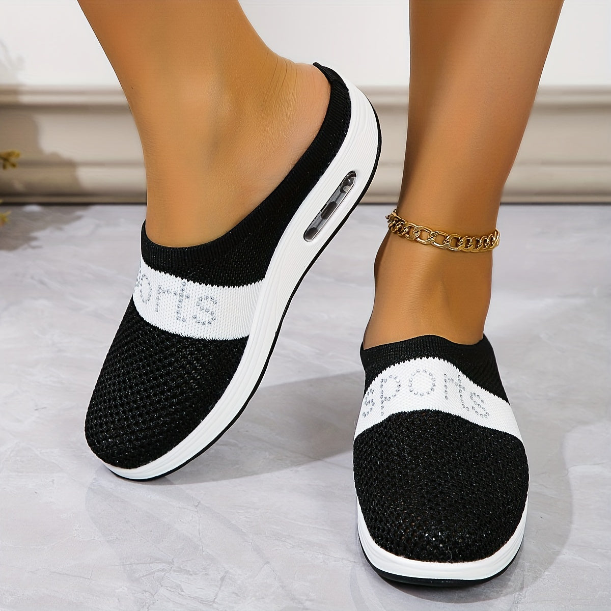 Women's Rhinestone Letter Sport Slippers Breathable Mesh Chunky Sneakers