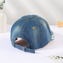 Rhinestone Bow Patch Baseball Cap Denim Washed Distressed Dad Hat