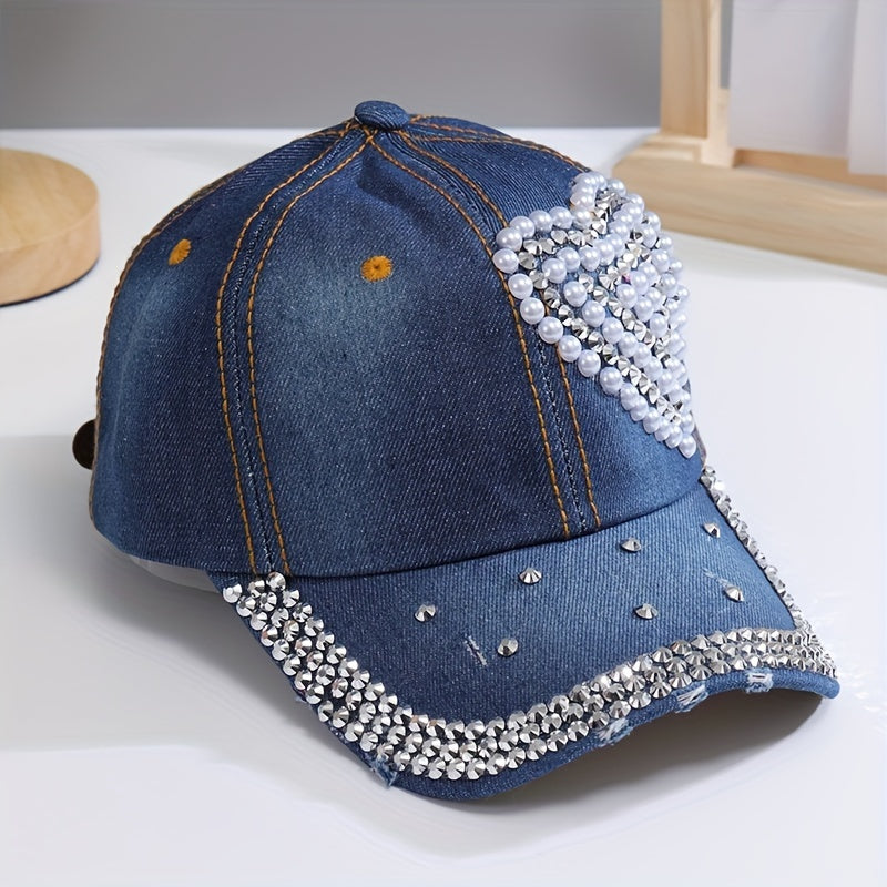 Y2K Rhinestone Baseball Cap Distressed Denim Hat