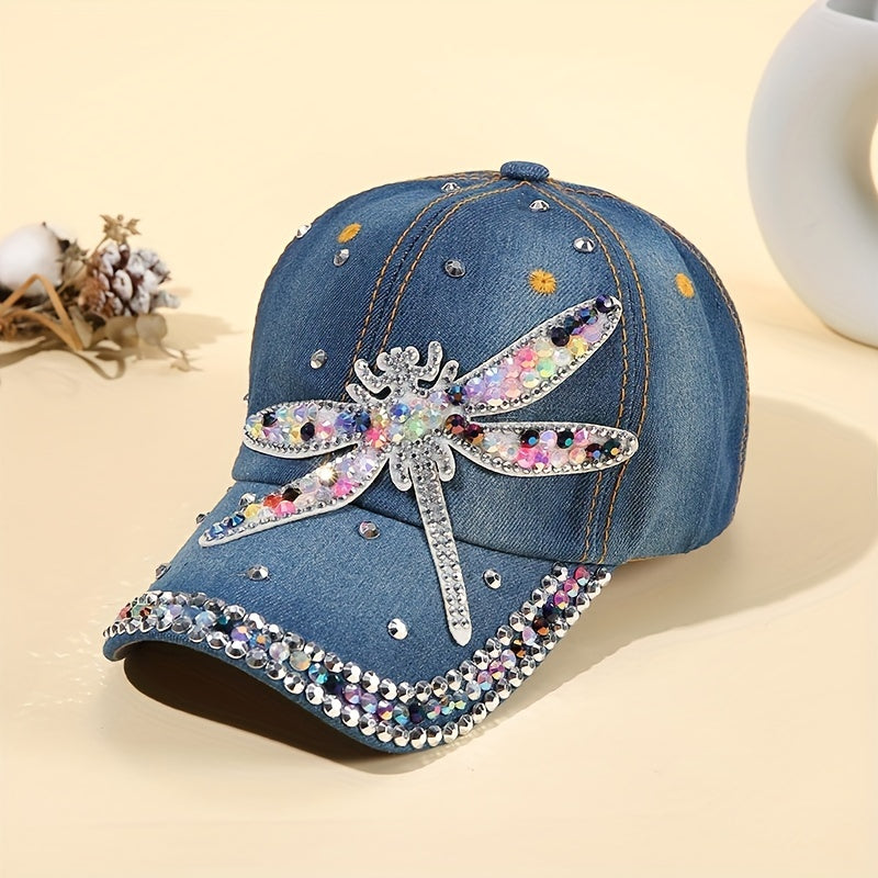 Dragonfly Patch Denim Baseball Cap Rhinestone Washed Distressed Dad Hat
