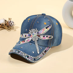 Dragonfly Patch Denim Baseball Cap Rhinestone Washed Distressed Dad Hat