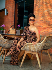 Leopard Print One Shoulder Jumpsuit Asymmetrical Neck Stretchy Jumpsuit
