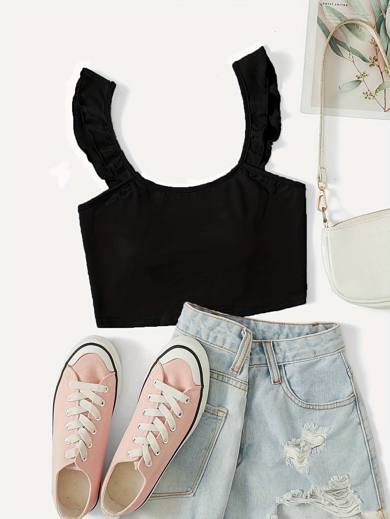 Sexy Ruffle Wide Strap Crop Top