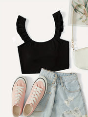 Sexy Ruffle Wide Strap Crop Top
