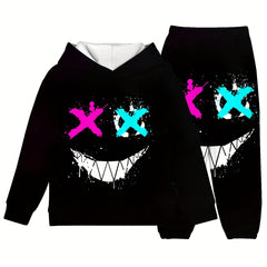 Boy's Paint Splashed Face Hoodie & Pants Set for Fall Winter