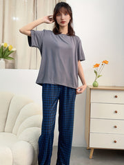 Plaid Pajama Set Crew Neck Short Sleeve Top & Elastic Waistband Pants