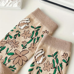 5 Pairs Floral Print Socks Women's Mid Tube Stockings