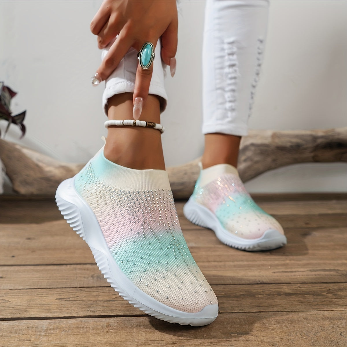 Women's Rhinestone Knit Sock Sneakers Lightweight Slip On Shoes