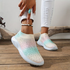 Women's Rhinestone Knit Sock Sneakers Lightweight Slip On Shoes