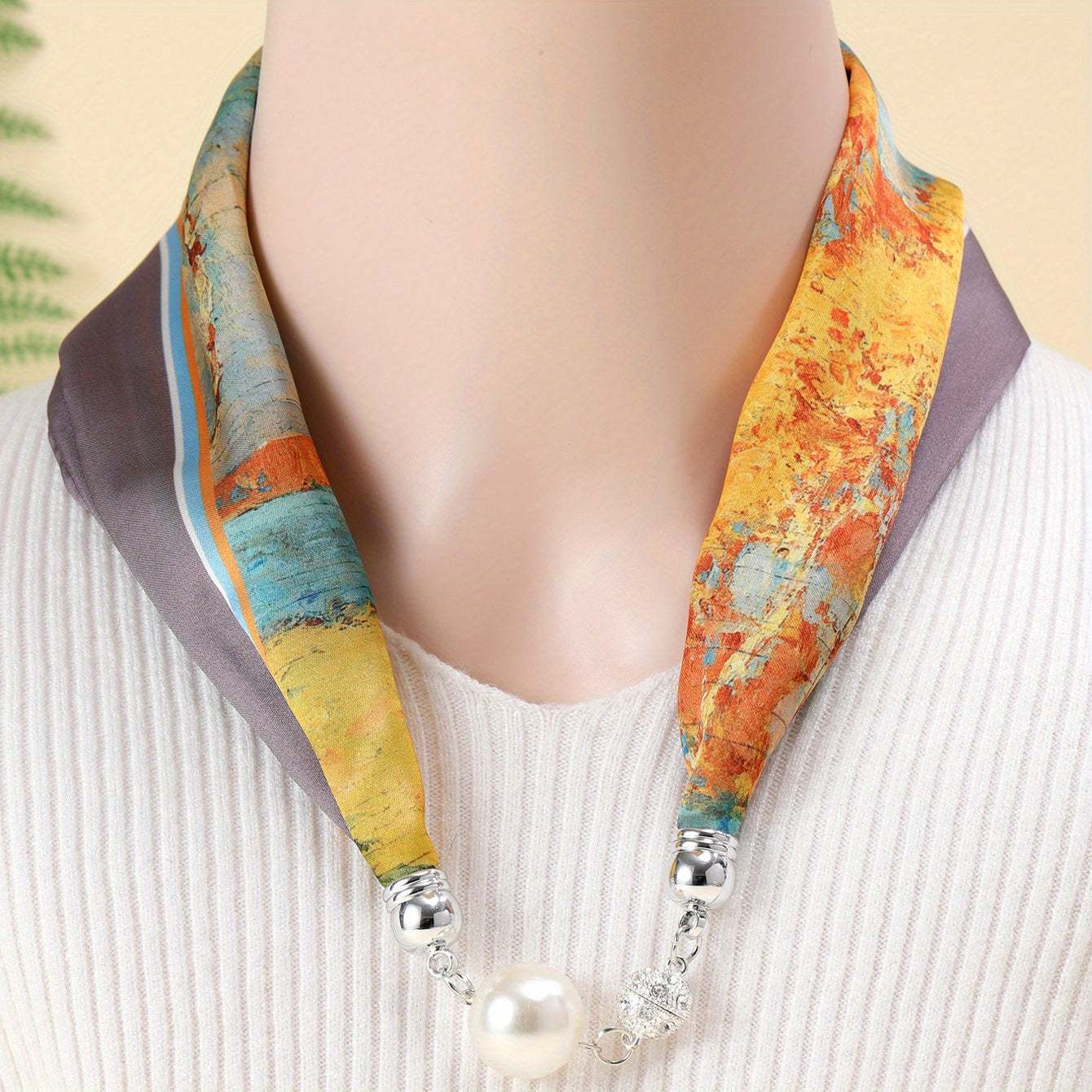 Oil Painting Print Scarf with Magnetic Buckle Silk Necklace