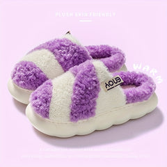 Colorblock Plush Cloud Slippers Closed Toe Platform Winter Warm Home Slippers