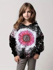 3D Sunflower Graphic Leopard Print Hoodies Girls Comfy Pullover Tops