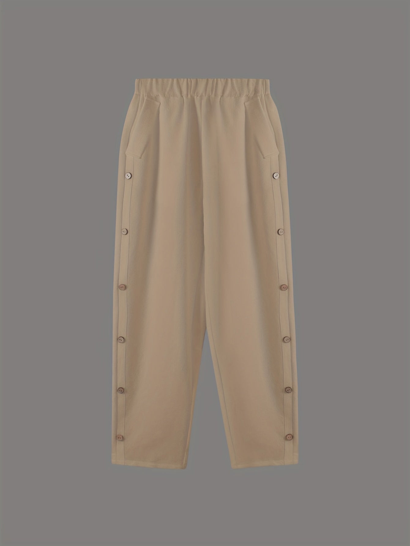 Solid Side Breasted Cropped Pants Casual Pocket Elastic Waist Pants
