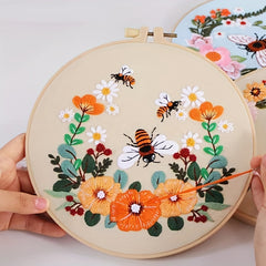 Flower Bee Embroidery Kit with Hoop DIY Cross Stitch Set