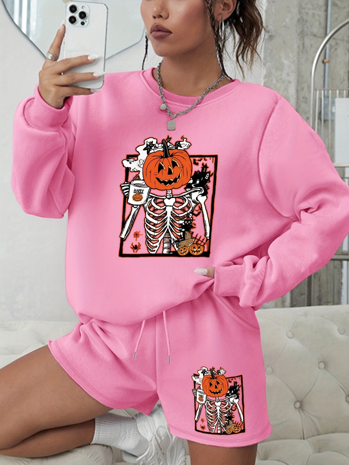 Halloween Graphic Print Sweatshirt & Shorts Set