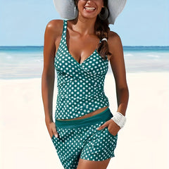 Polka Dot Two Piece Swimsuit V Neck Boxer Short Bottom Bathing Suit