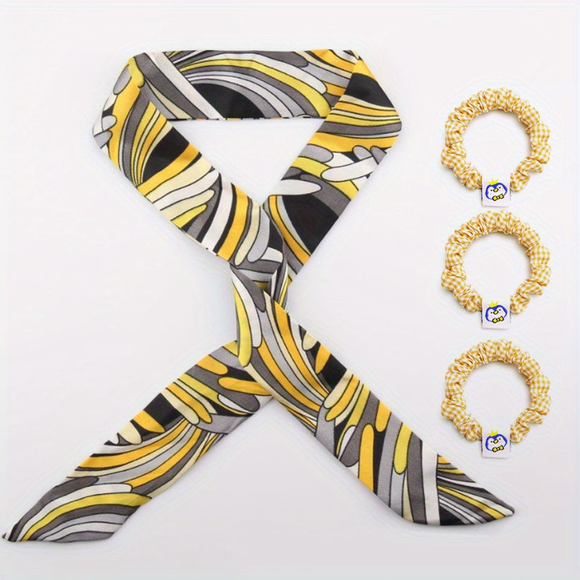 Yellow Skinny Scarf & Hair Tie Set, Plaid Print, Neckerchief Twilly Ribbon